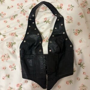 Princess Polly Black Leather Halter Top with Silver Studs